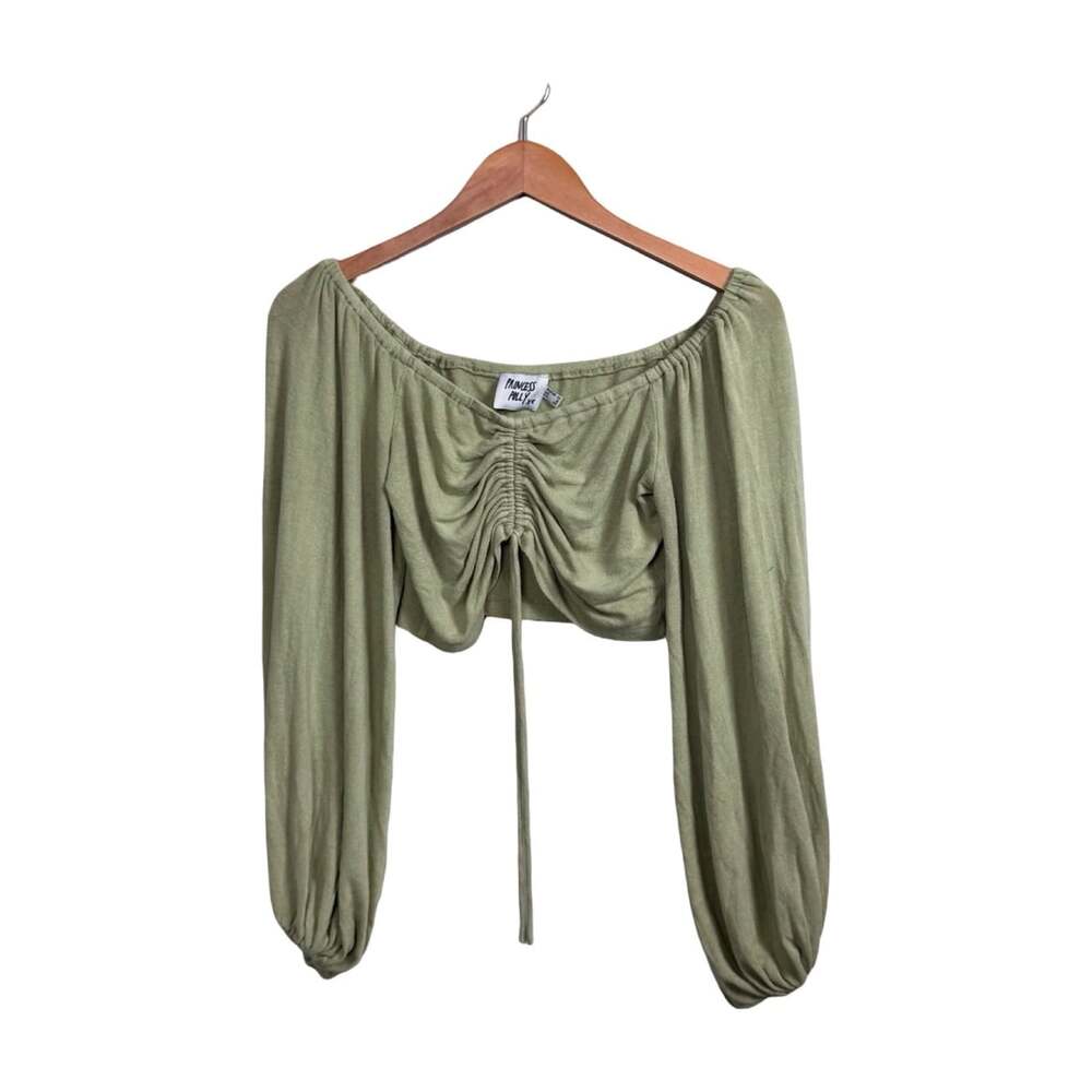 Princess Polly Green Ruched Tie Front Square Neck Knit Crop Top Long Sleeve